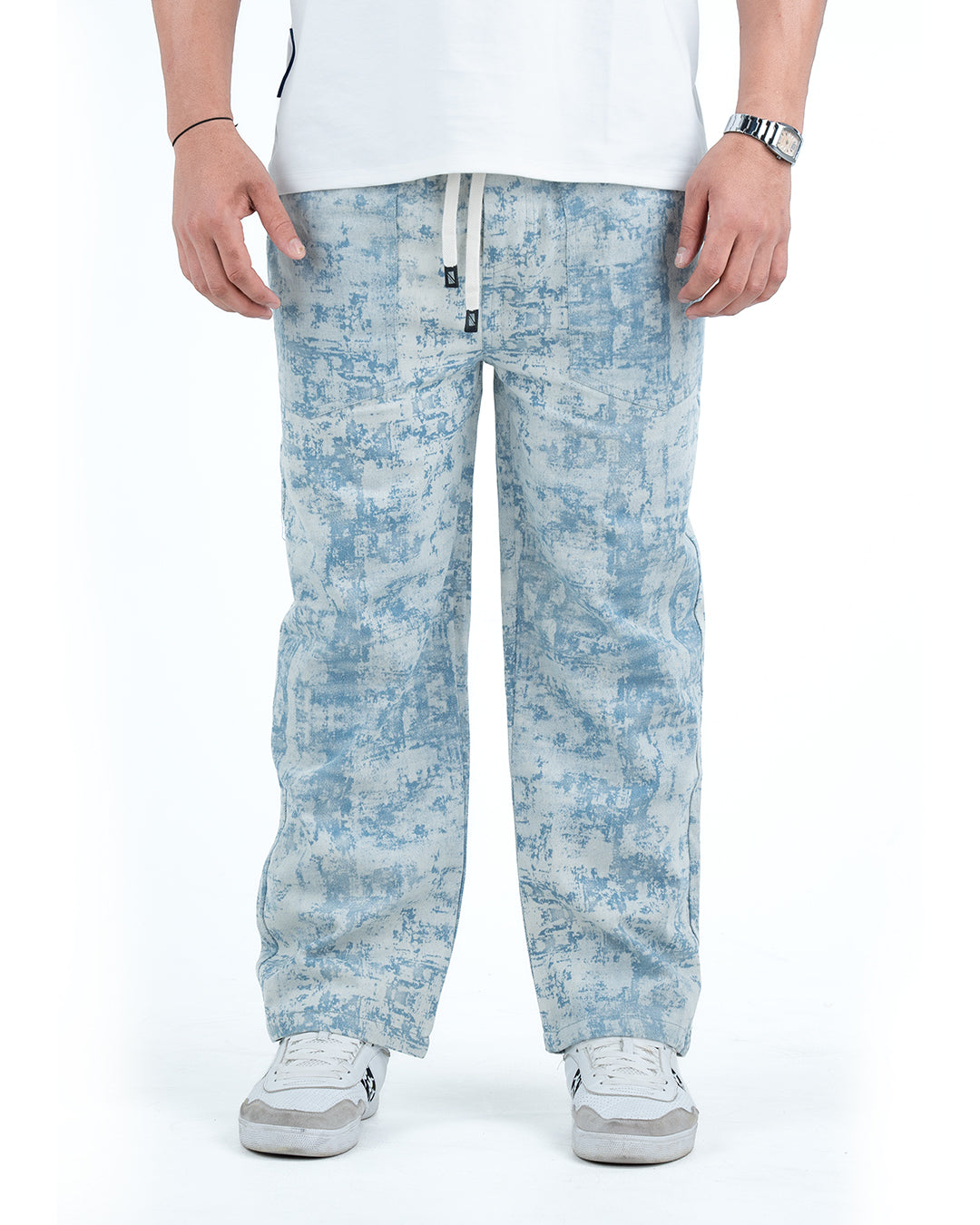 Men’s Washed Baggy Drawstring Denim Pants - Light Blue