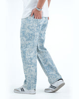 Men’s Washed Baggy Drawstring Denim Pants - Light Blue