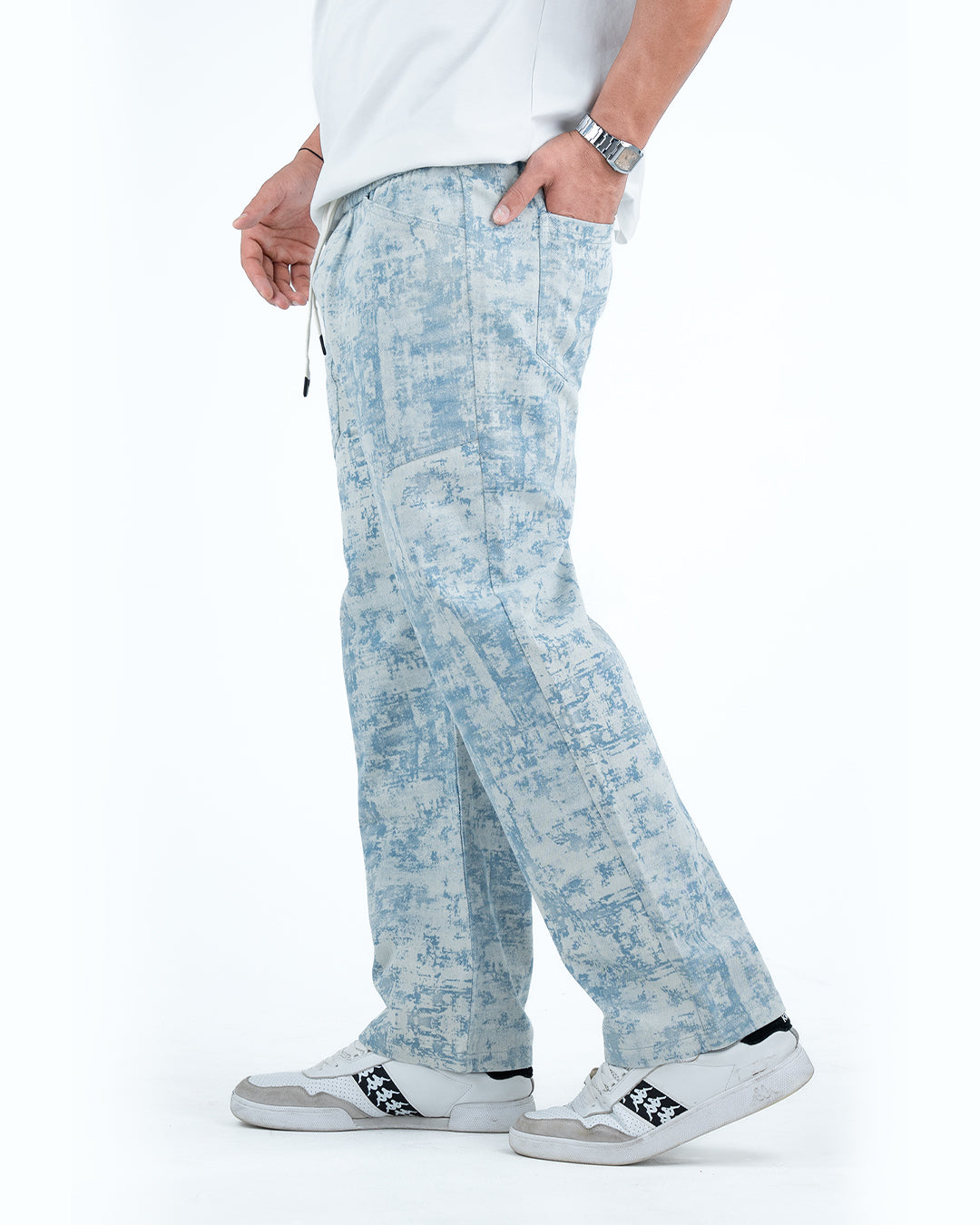 Men’s Washed Baggy Drawstring Denim Pants - Light Blue