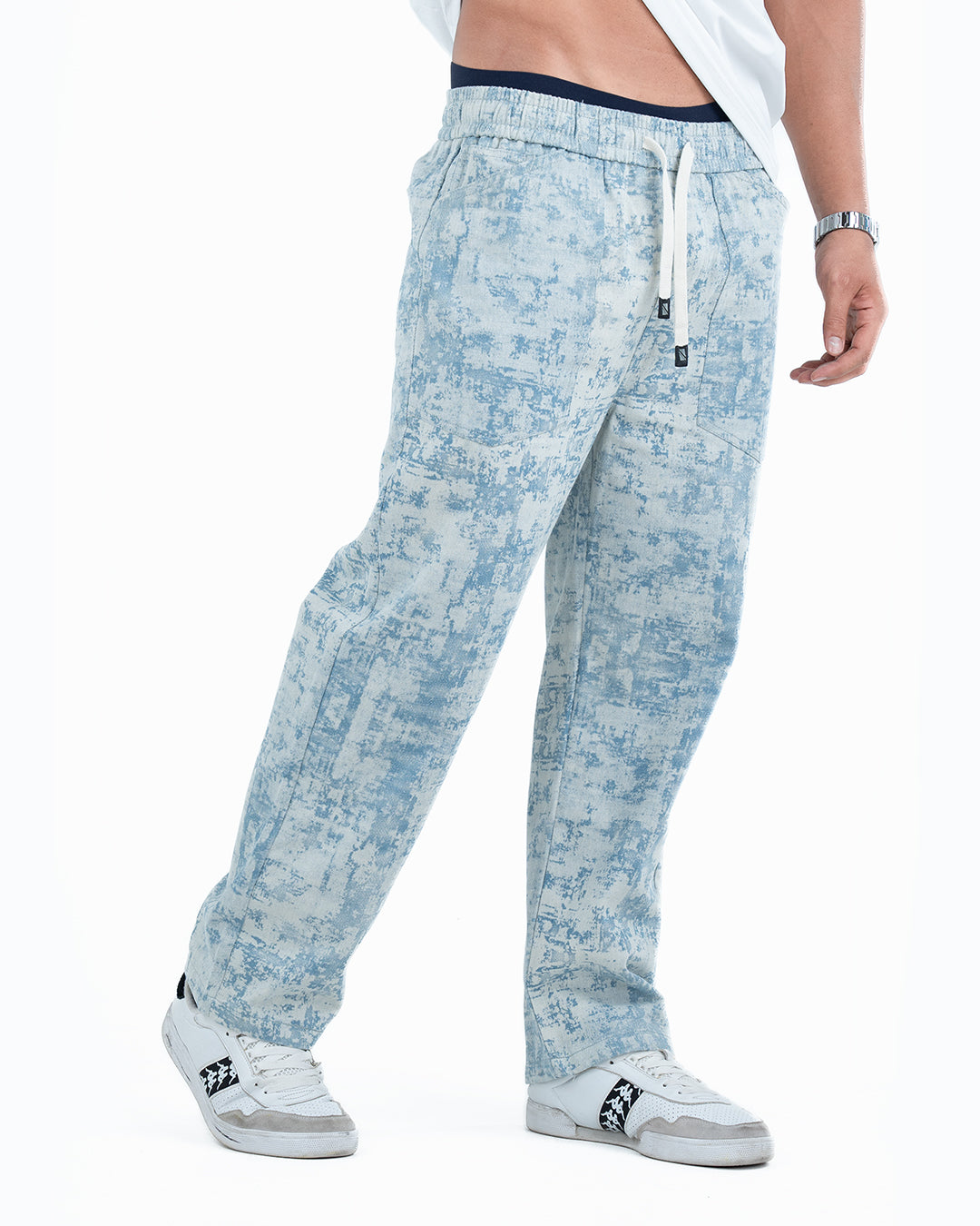 Men’s Washed Baggy Drawstring Denim Pants - Light Blue