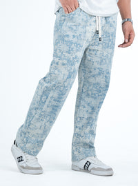 Men’s Washed Baggy Drawstring Denim Pants - Sky Blue