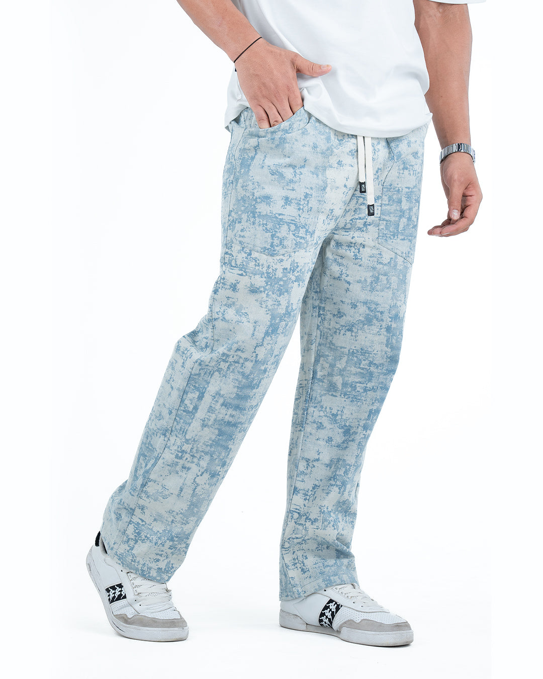 Men’s Washed Baggy Drawstring Denim Pants - Light Blue