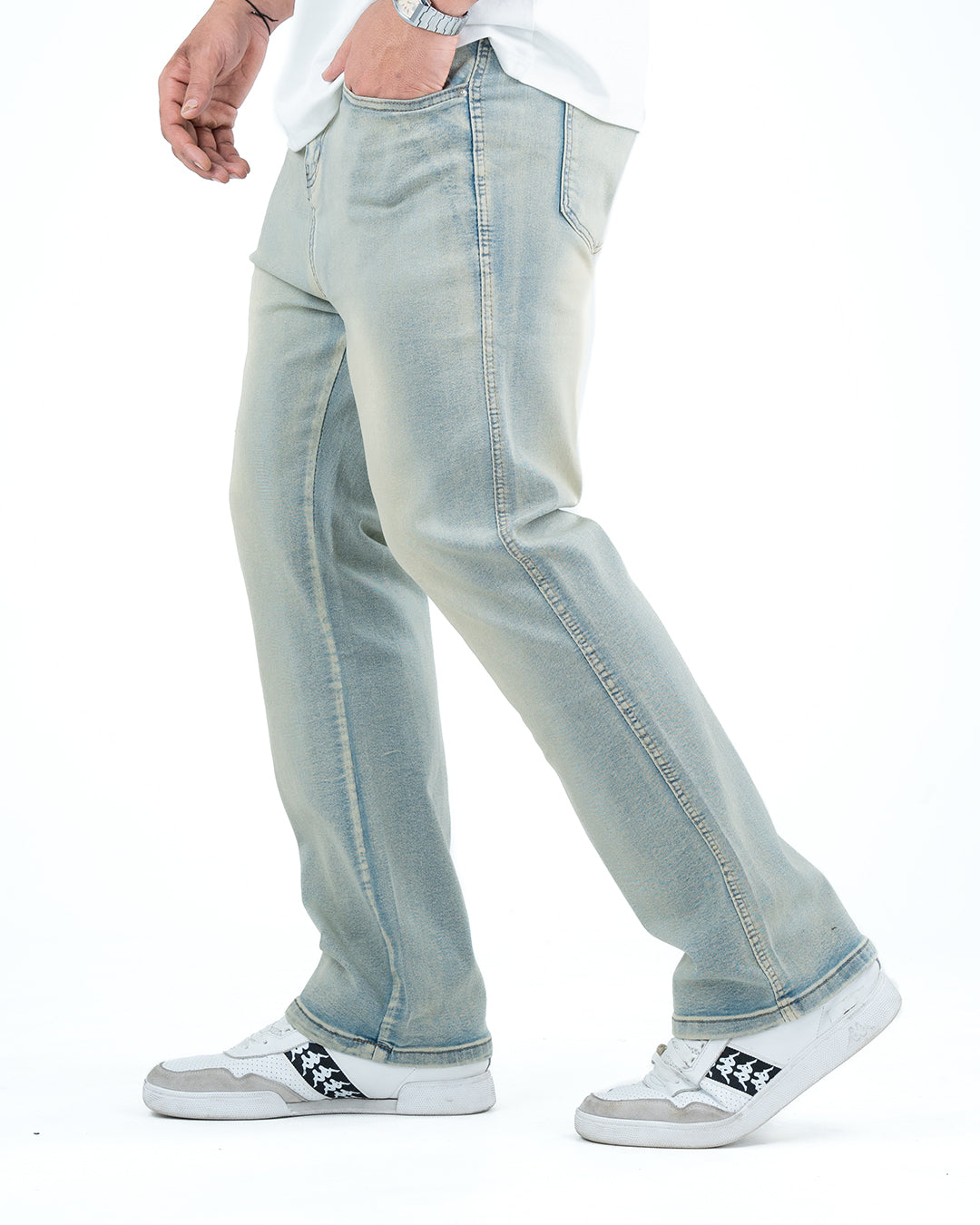 Men’s Washed Straight Fit Denim Jeans - BLUE YELLOW