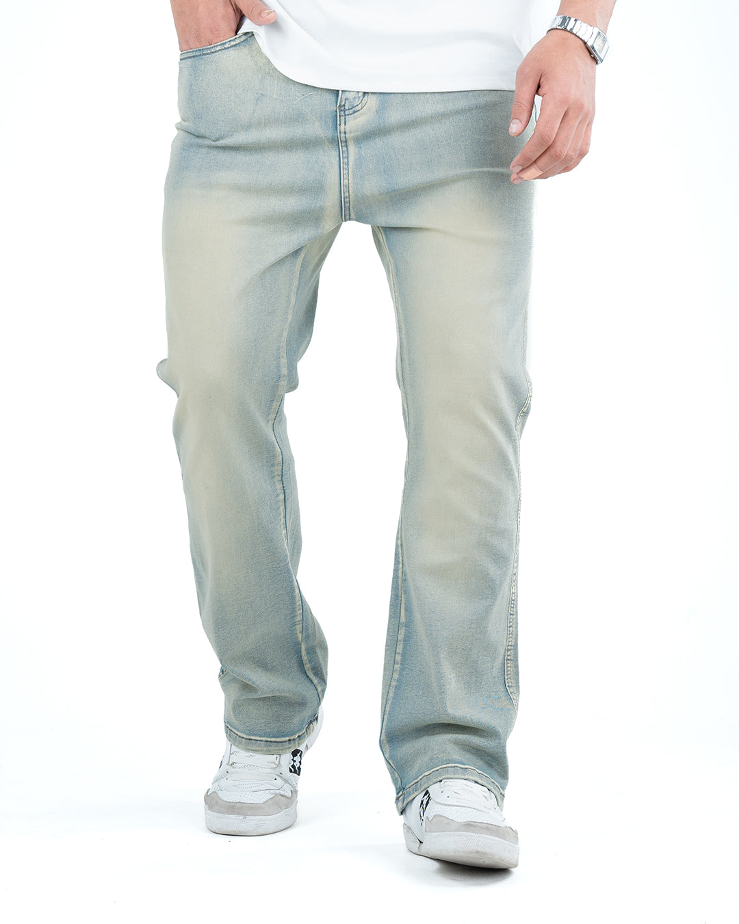 Men’s Washed Straight Fit Denim Jeans - BLUE YELLOW