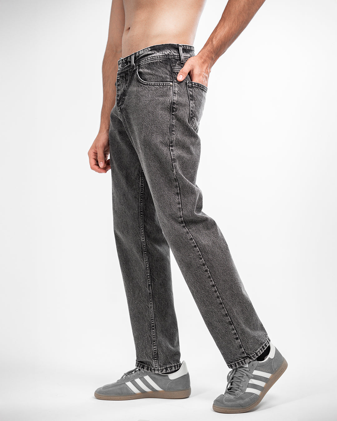 MEN’S DARK GREY WASHED STRAIGHT-LEG JEANS
