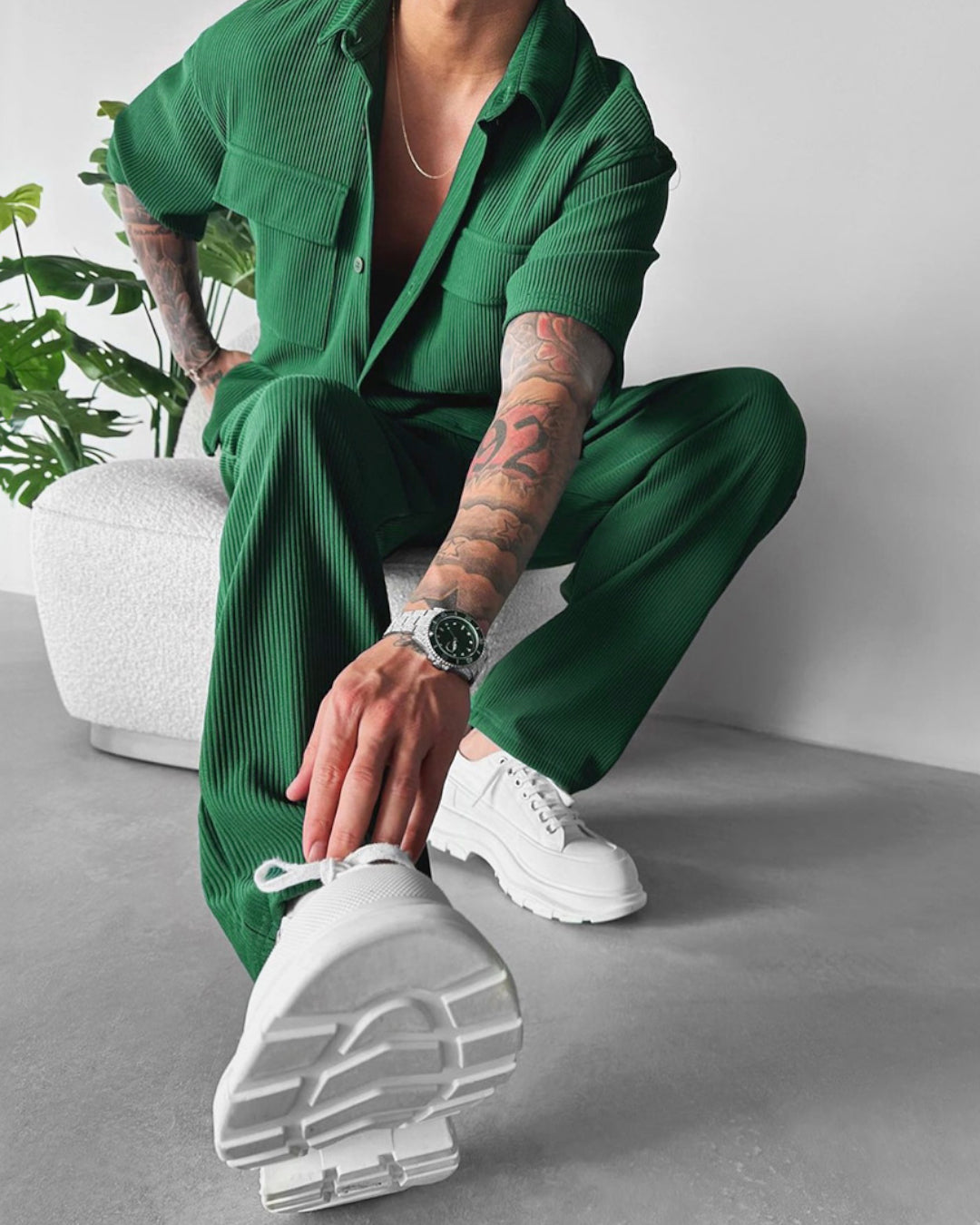 Double Pocket Half Sleeves Shirt & Trouser Set - Green