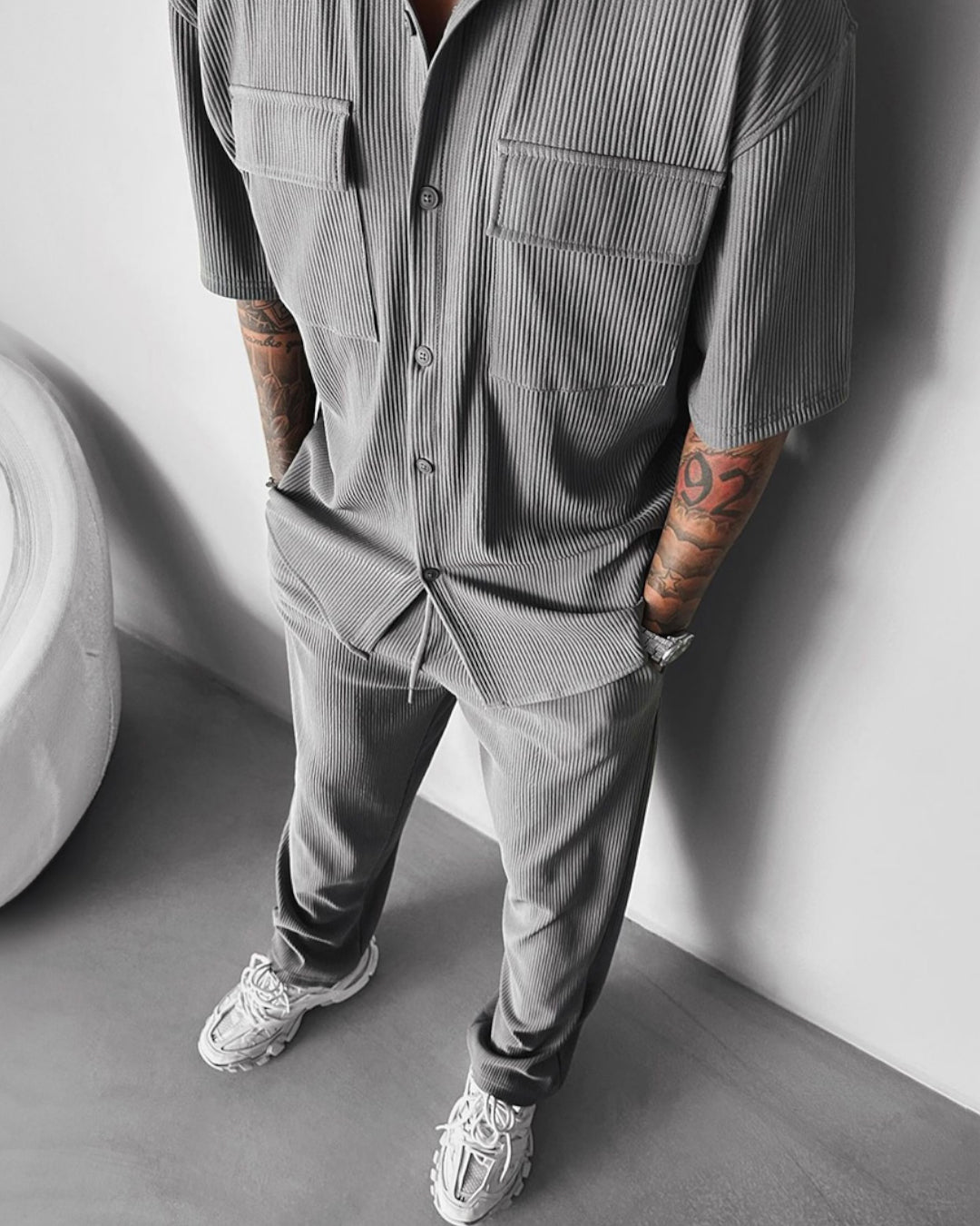 Double Pocket Half Sleeves Shirt & Trouser Set - Gray