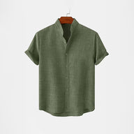 BAN COLLAR FULL LINEN SHIRT - GREEN