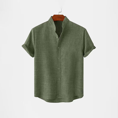 BAN COLLAR FULL LINEN SHIRT - GREEN - Zapped