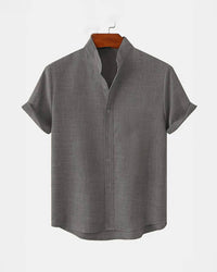 BAN COLLAR LINEN SHIRT - GRAY