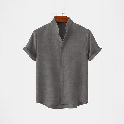 BAN COLLAR LINEN SHIRT - GRAY