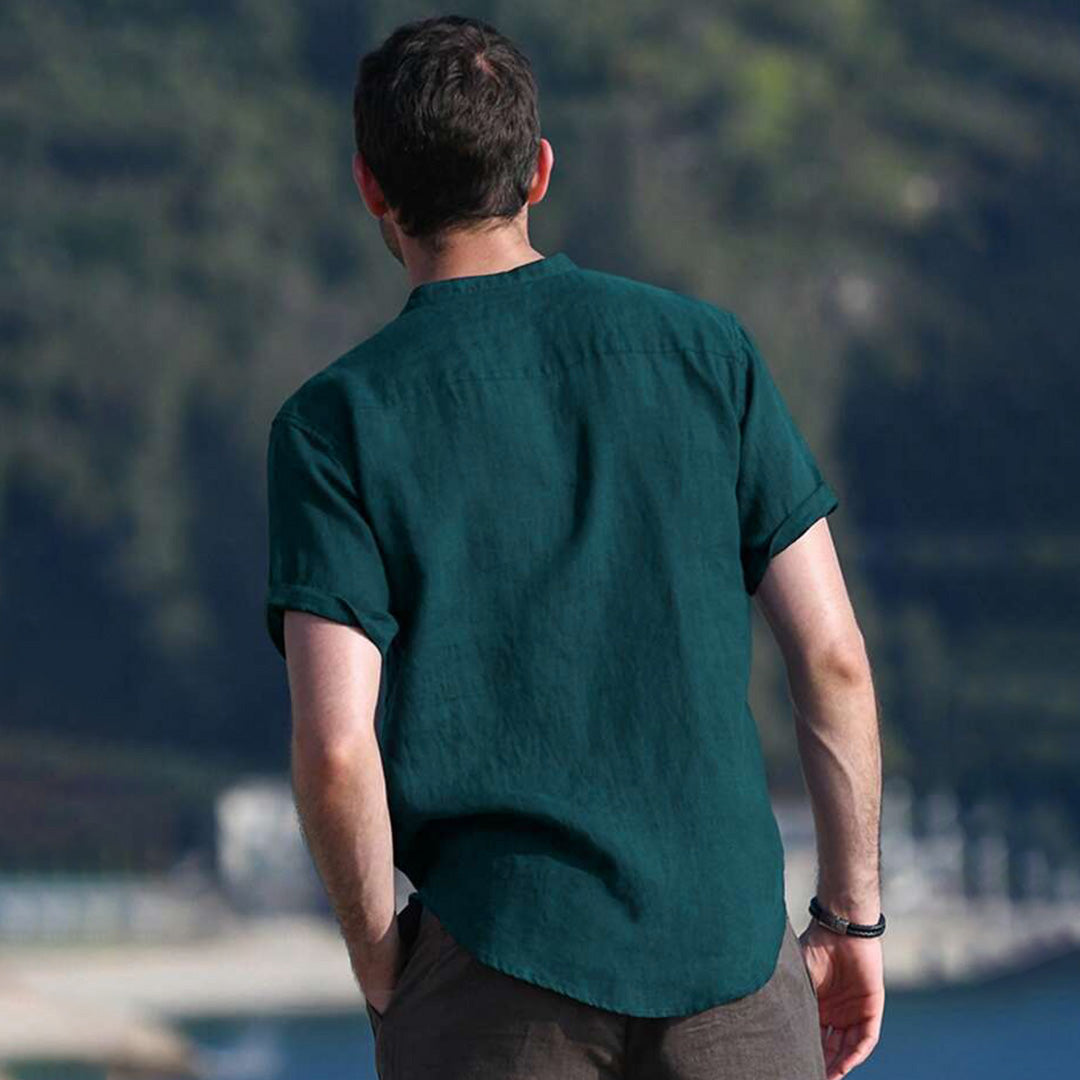 Green Ban Collar Half Patti Shirt With Pocket