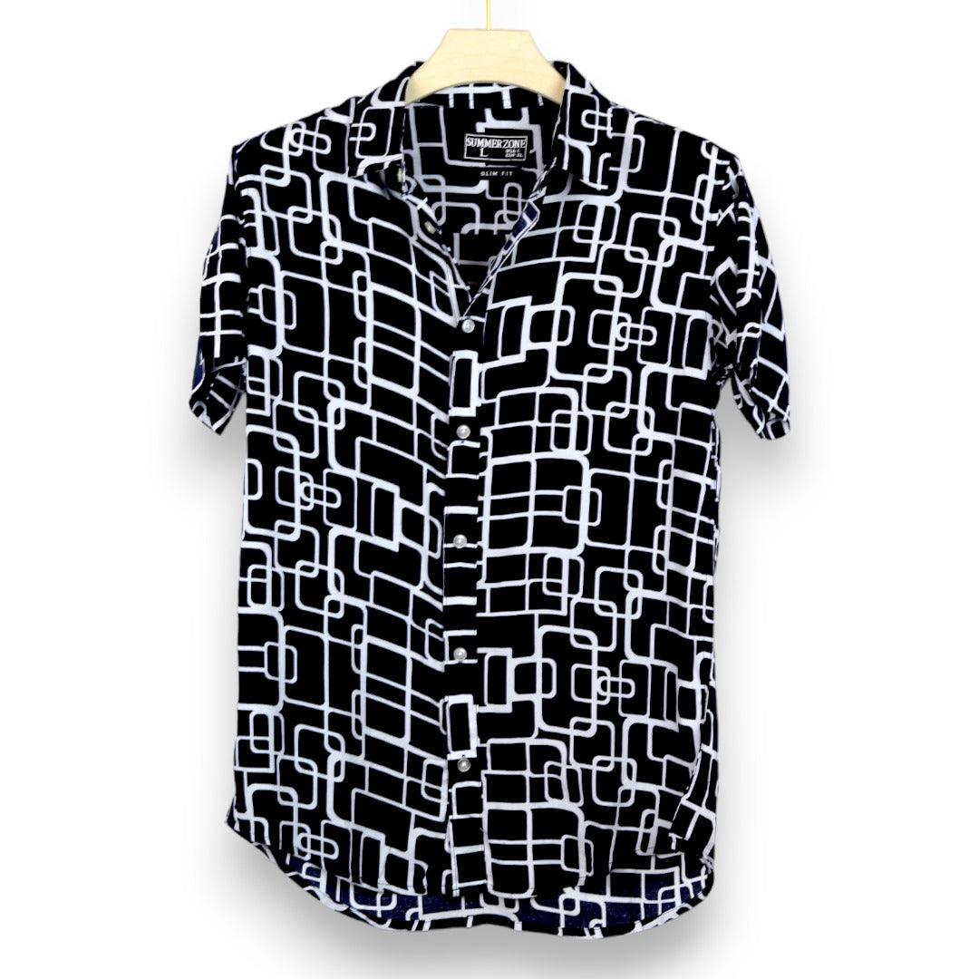 Black All Over Square Printed Hawaaii Shirt