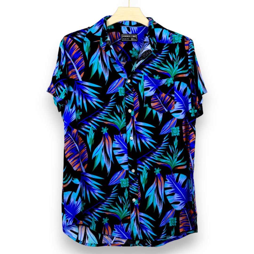 Multi Colour All over leaves printed Shirt - Black Blue