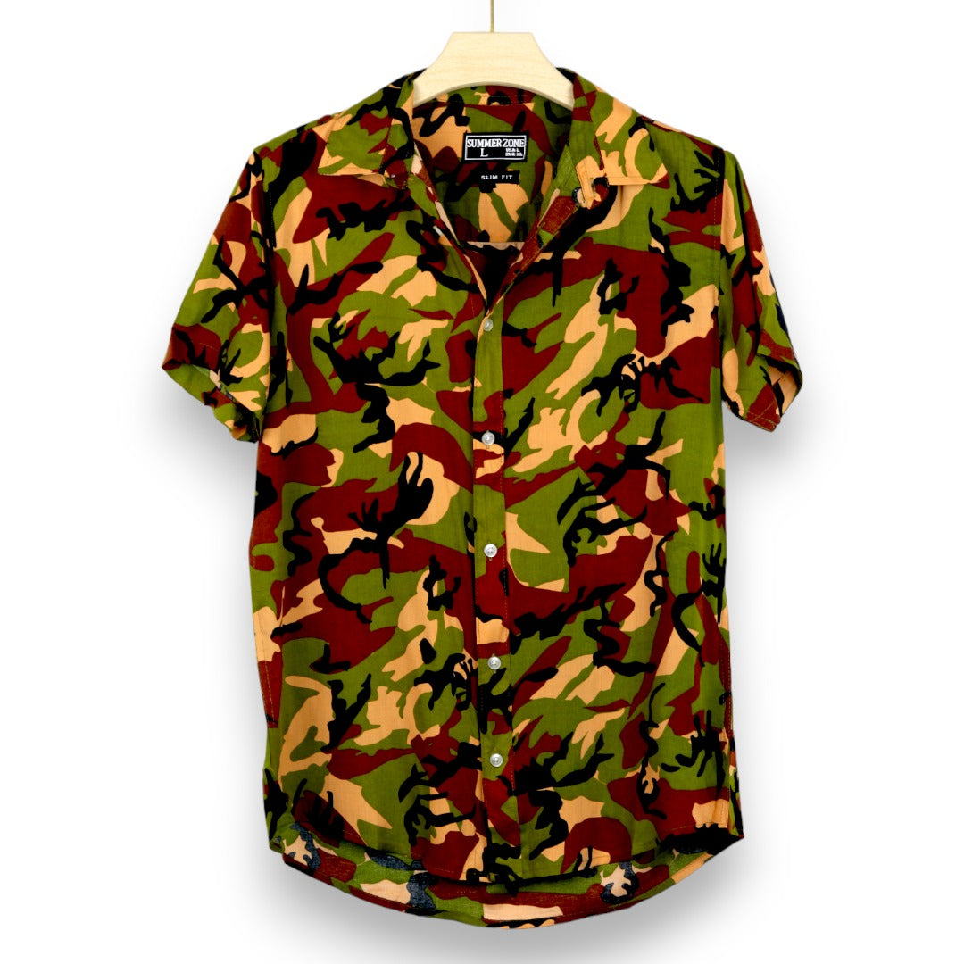 Army Print Cotton Linen Shirt- Yellow