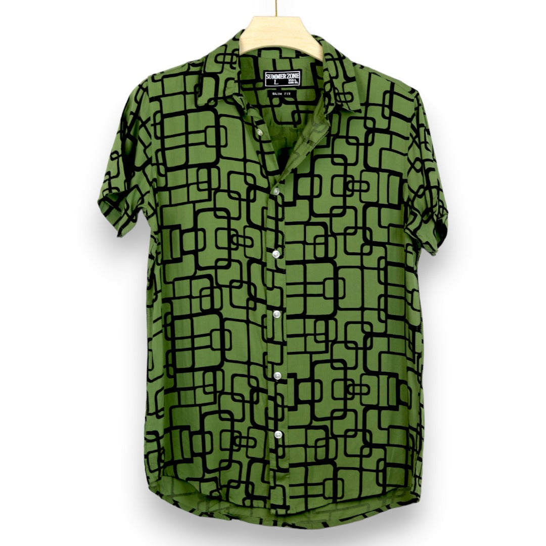 All Over Square Printed Hawayi Shirt - Green