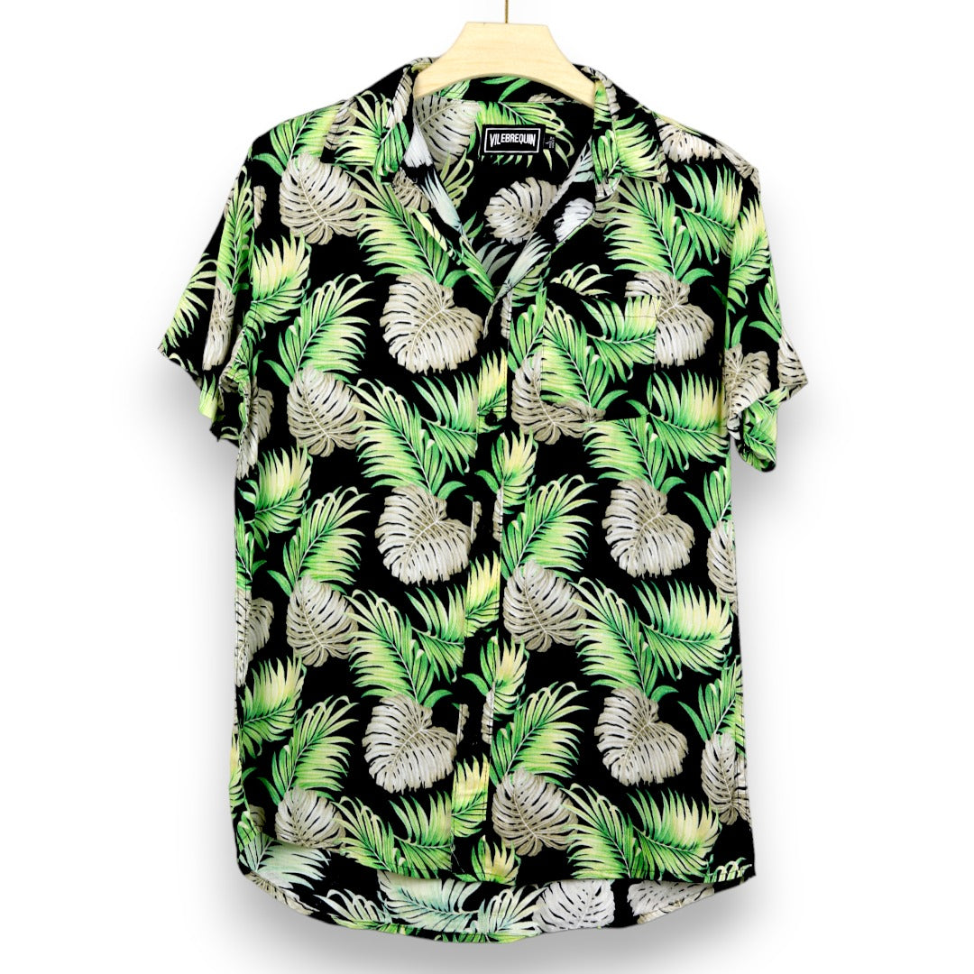 Roung Cutting Leaves Print Shirt- Parrot