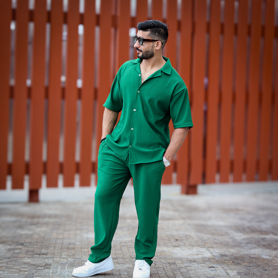 Oversize Pleated Open Collar Shirt & Trouser Set - Green