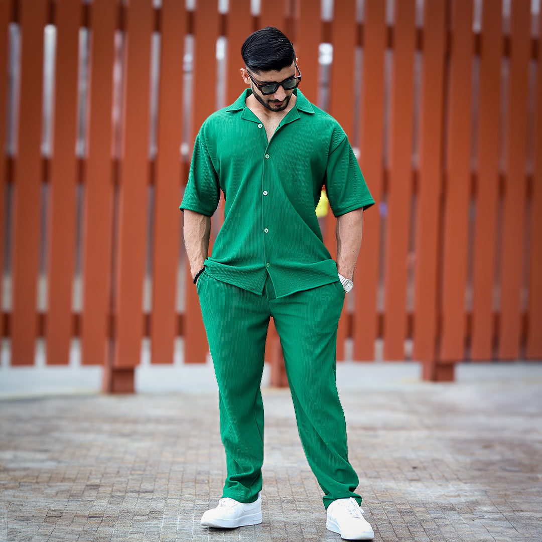 Oversize Pleated Open Collar Shirt & Trouser Set - Green