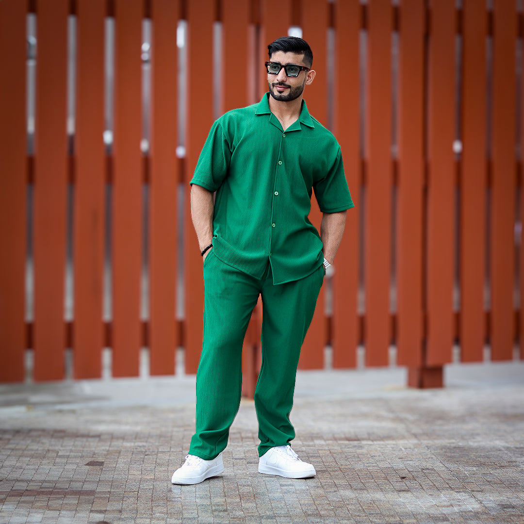 Oversize Pleated Open Collar Shirt & Trouser Set - Green
