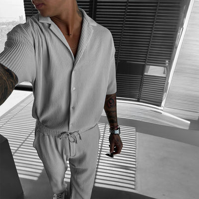 Oversize Pleated Open Collar Shirt & Trouser Set -Light Gray