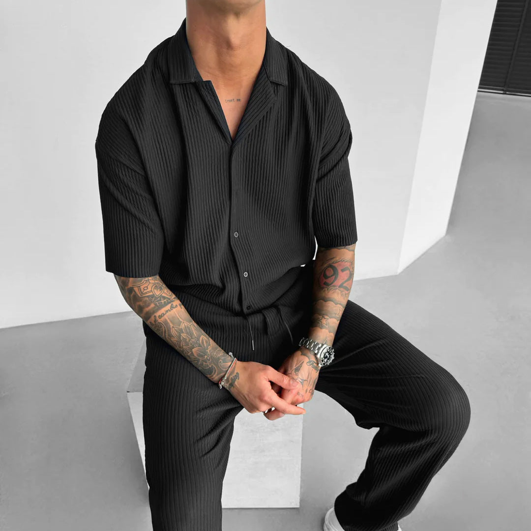 Oversize Pleated Open Collar Shirt & Trouser Set - Black