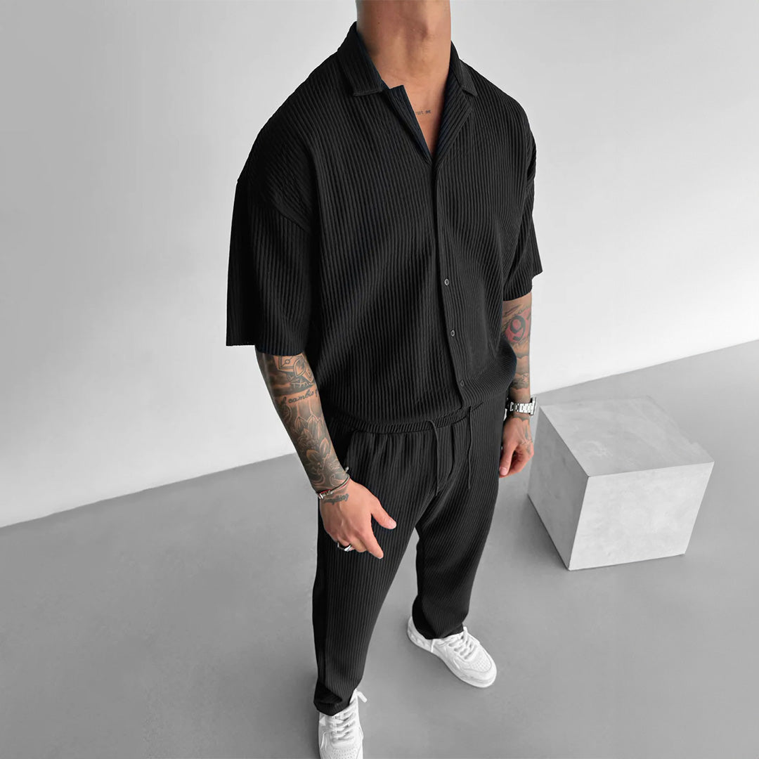 Oversize Pleated Open Collar Shirt & Trouser Set - Black