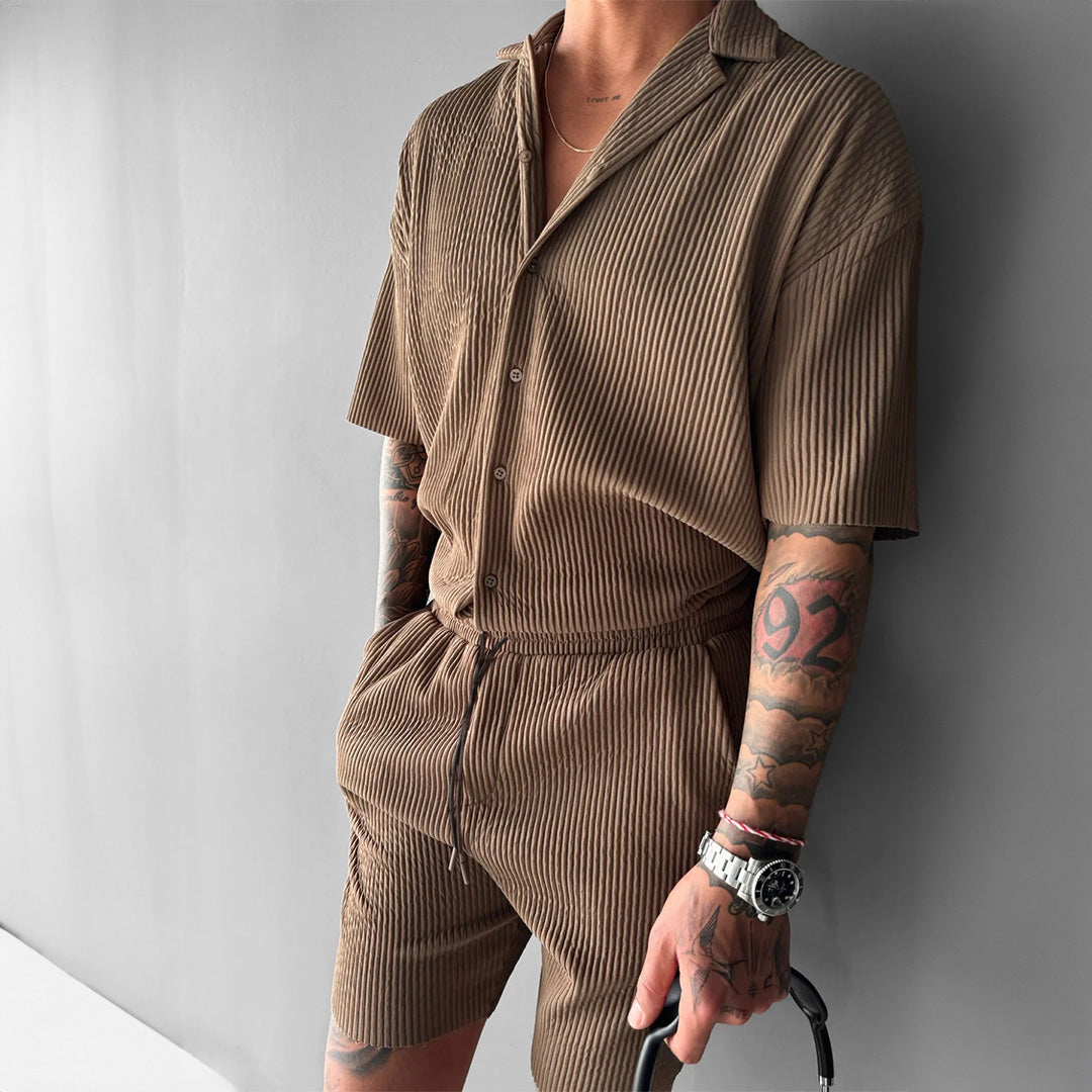 Oversize Pleated Open Collar Shirt & Short Set - Brown