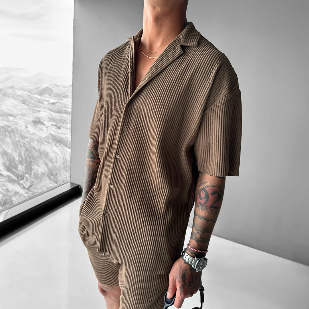 Oversize Pleated Open Collar Shirt & Short Set - Brown – Zapped
