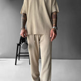 Zapped Oversized quarter sleeve  O Neck T-Shirt & Trouser Set - Beige