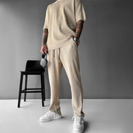 Zapped Oversized quarter sleeve  O Neck T-Shirt & Trouser Set - Beige