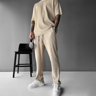 Oversized Quarter Sleeve  O Neck T-Shirt & Trouser Set -  Beige