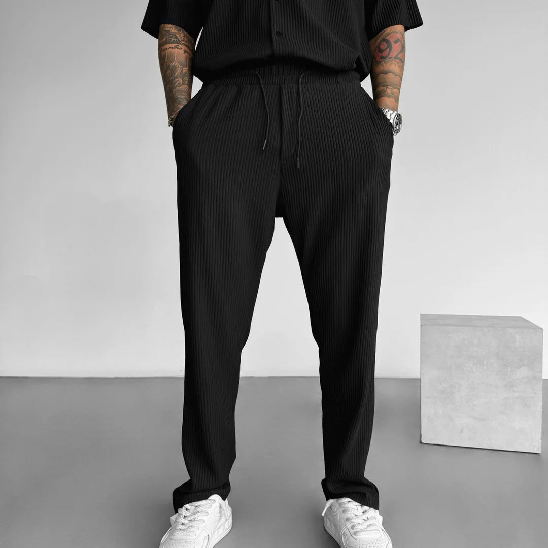 Oversize Pleated Open Collar Shirt & Trouser Set - Black