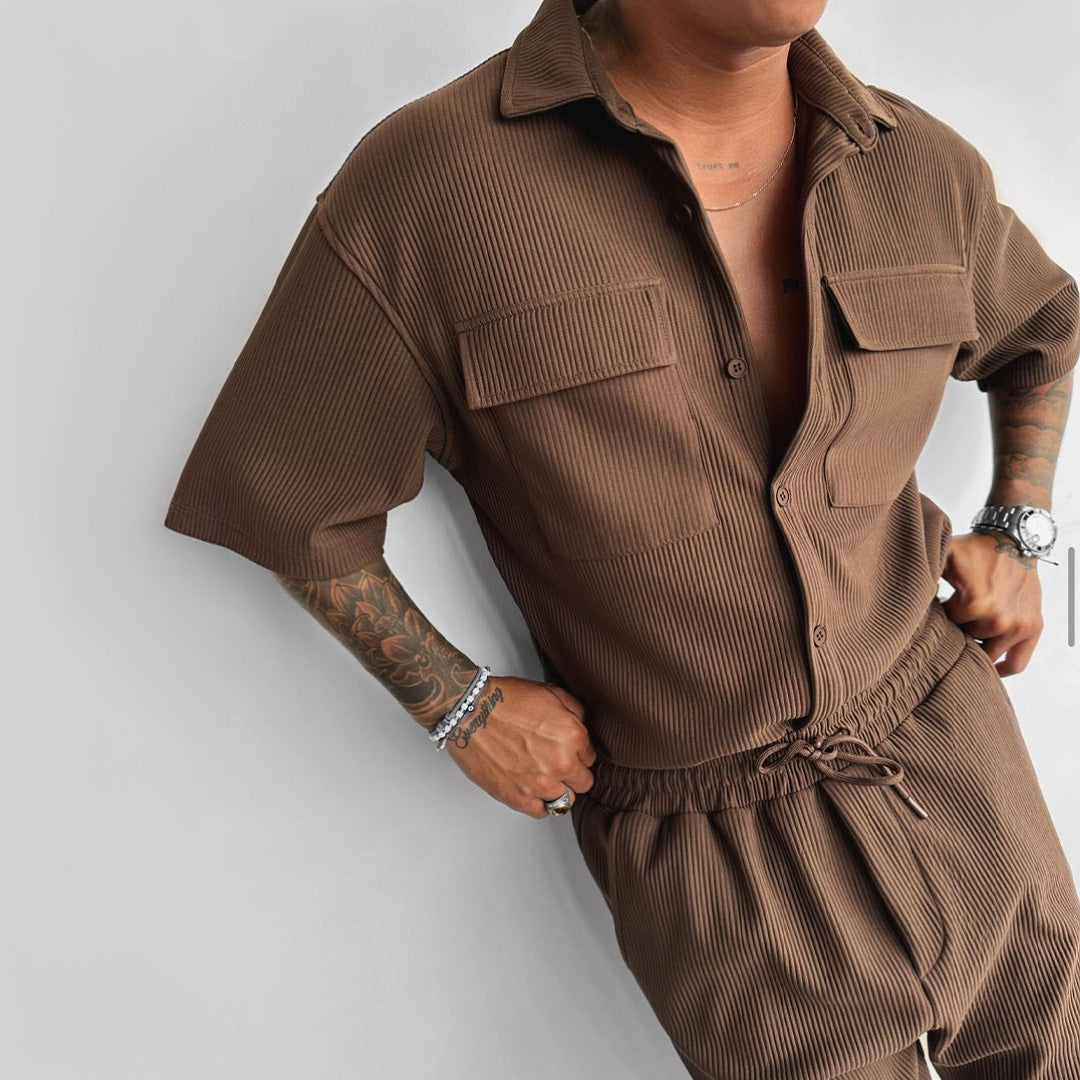 Double Pocket Half Sleeves Shirt & Trouser Set - Brown