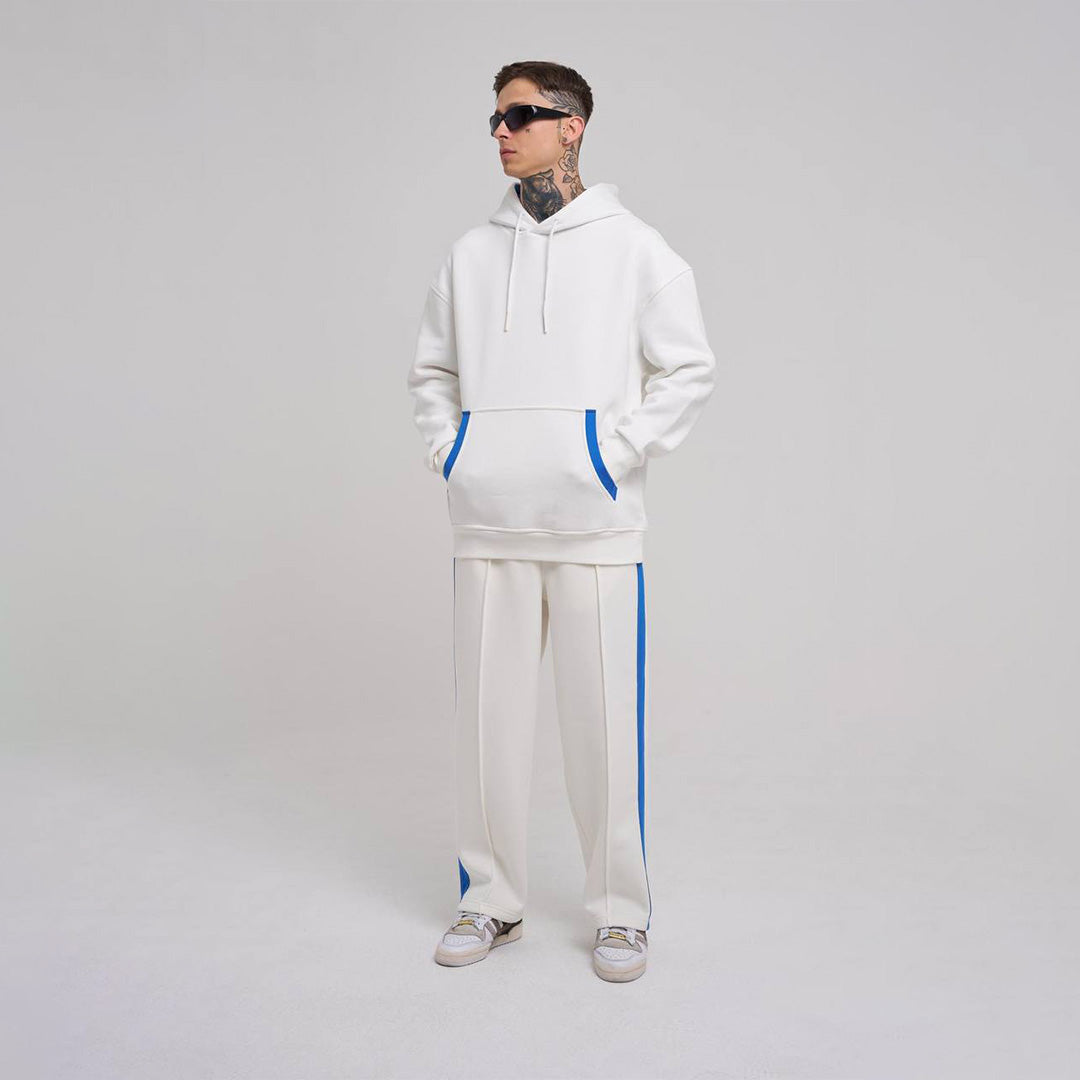 Oversize Strip Basic Hoodie Cord Set - White