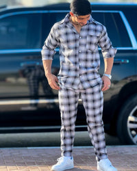 Loose Fit Plaid Long Sleeve Shirt & Trouser Set