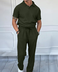 Loose Fit Polo T-Shirt & Trouser Cord Set - Rain Forest
