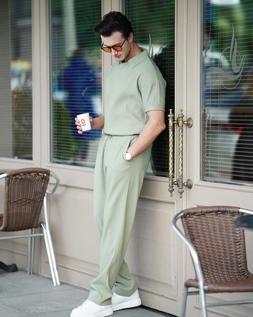 Loose Fit Polo T-Shirt & Trouser Cord Set - Tea Green