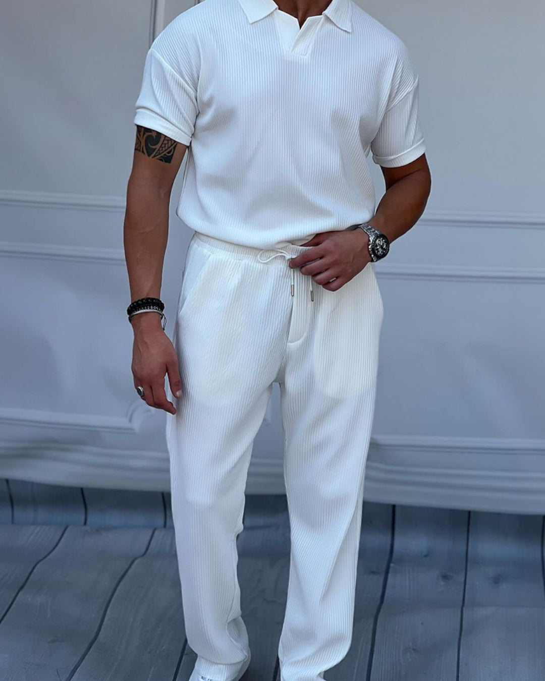 Loose Fit Polo T-Shirt & Trouser Cord Set - White