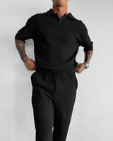 Loose Fit Polo T-Shirt & Trouser Cord Set - Black