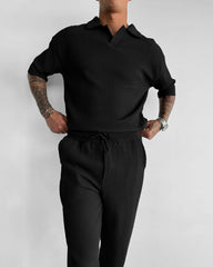 Loose Fit Polo T-Shirt & Trouser Cord Set - Black