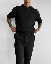 Loose Fit Polo T-Shirt & Trouser Cord Set - Black