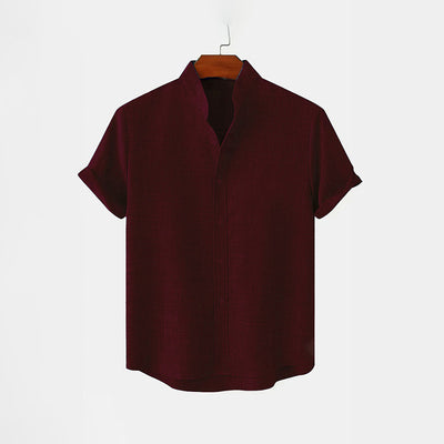 BAN COLLAR LINEN SHIRT - MAROON