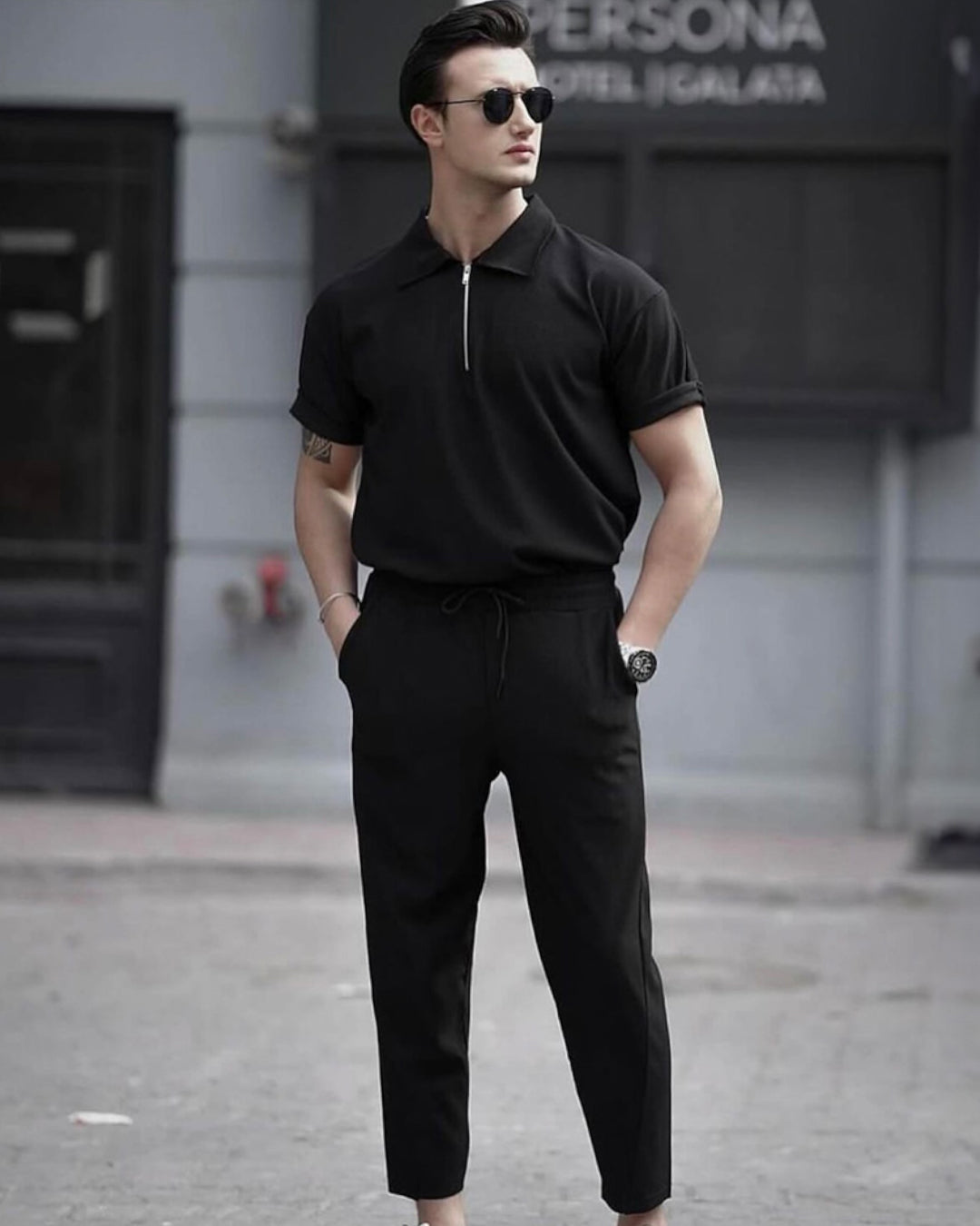 Men's Loose Fit Zipper Shirt & Trouser Set - Black