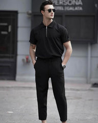 Men's Loose Fit Zipper Shirt & Trouser Set - Black