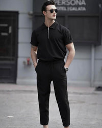 Men's Loose Fit Zipper Shirt & Trouser Set - Black