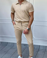 Men's Loose Fit Zipper Shirt & Trouser Set - Beige
