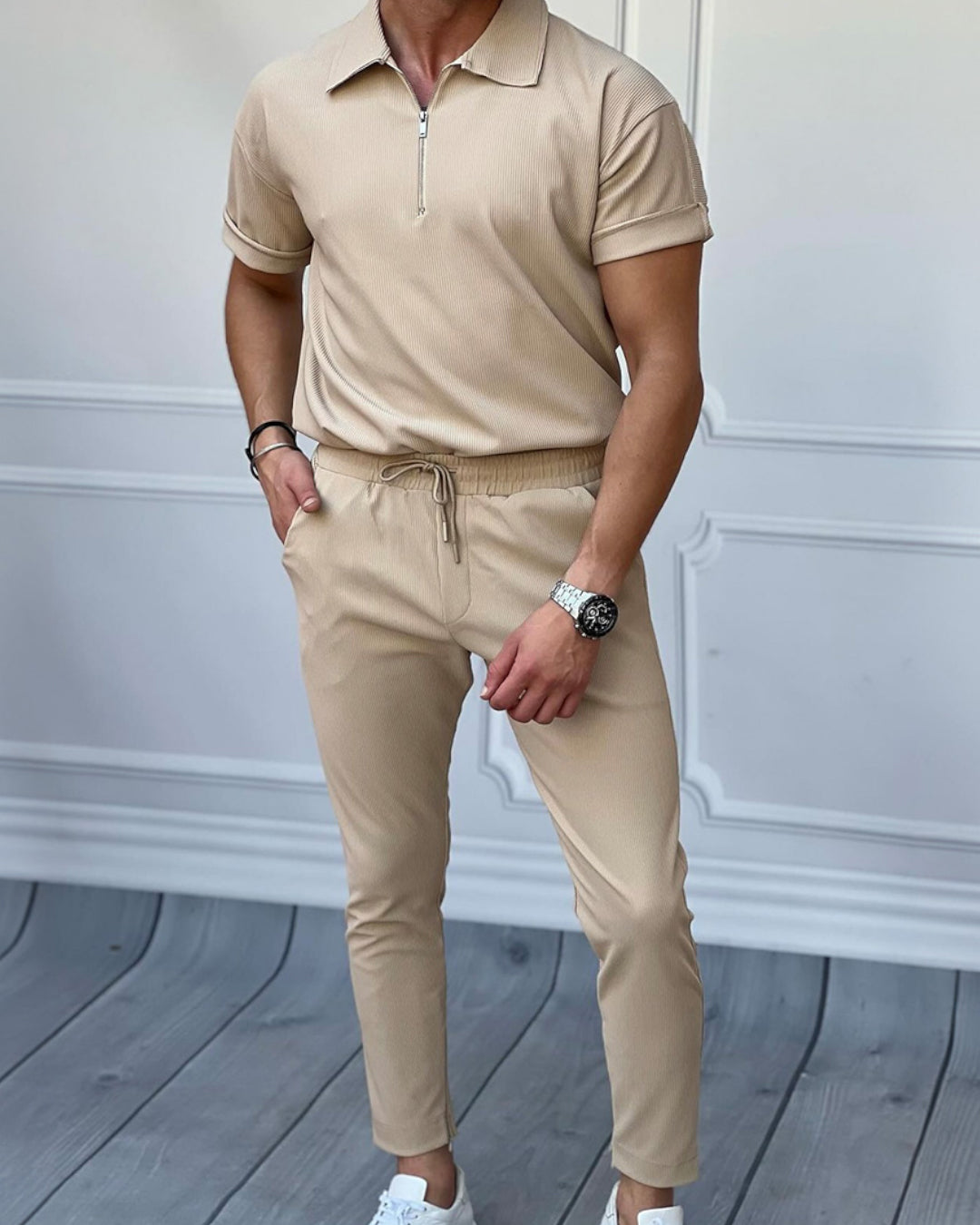Men's Loose Fit Zipper Shirt & Trouser Set - Beige