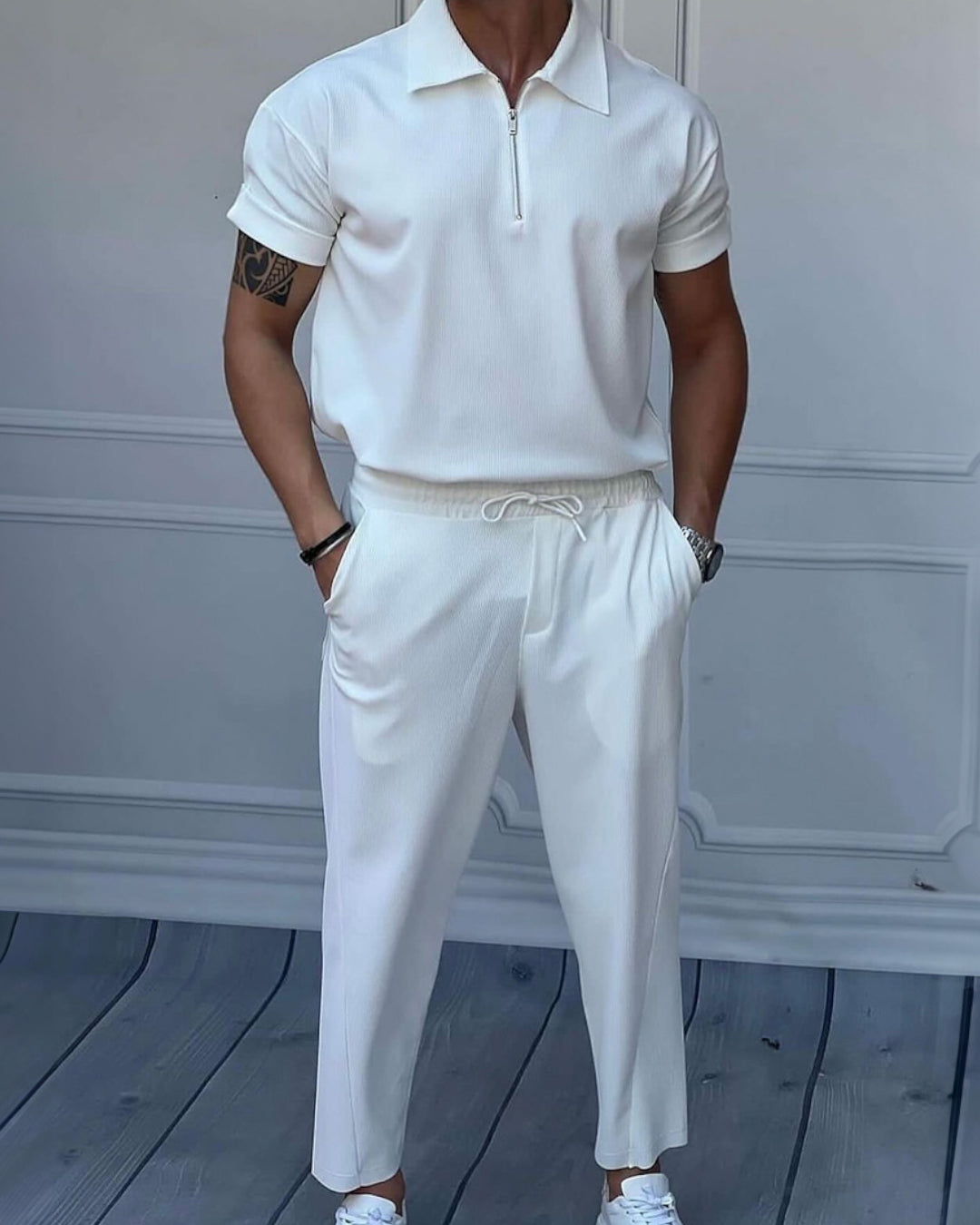 Men's Loose Fit Zipper Shirt & Trouser Set - White