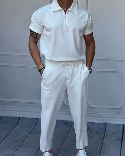 Men's Loose Fit Zipper Shirt & Trouser Set - White